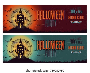Two different halloween free entry with big moon, haunted castle, bats and halloween pumpkins.