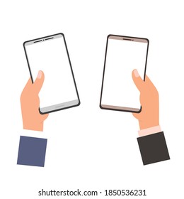 Two different hands are holding different phones with blank white screens. Vector illustration, flat cartoon color minimal design, isolated on white background, eps 10.