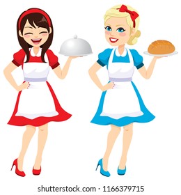 Two different happy brunette and blonde women 50's vintage dress housewife style holding tray and bread