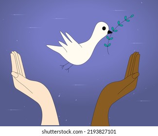 Two different human hands protect the dove of peace Vector illustration for Earth Day and World Environment Day