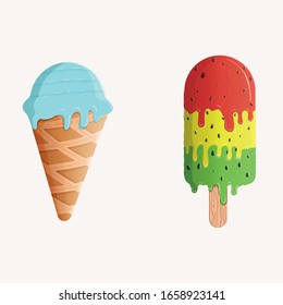 two different ice creams, one with cone, one with stick