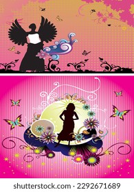 Dos ilustraciones diferentes para una chica con alas y una mariposa a la izquierda.