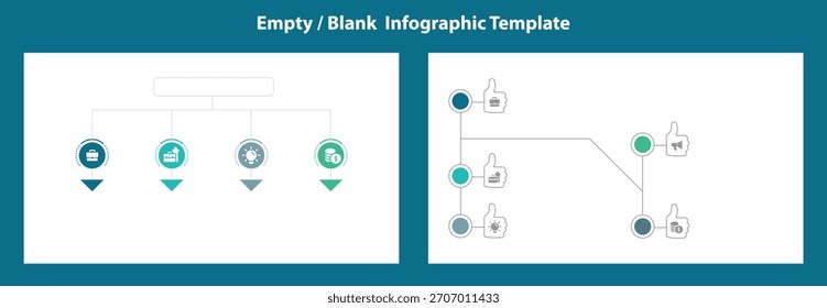 Two different infographic templates showing a flowchart layout with four icons and a linear layout with four thumbs up icons with an empty space for content in teal and gray.