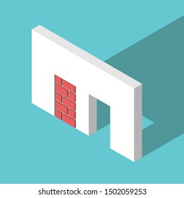 Two different isometric doorways, walled-up with red bricks and open. Abundance and scarcity mentality, choice, opportunity, problem. EPS 8 vector illustration, no transparency, no gradients