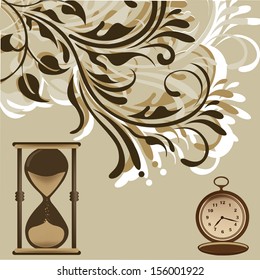 two different kind of clocks, one made with sand, and the other mechanical, with an abstract tree