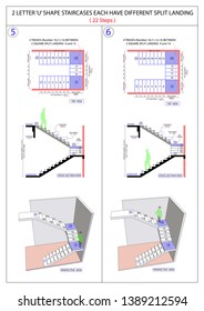 Two different letter 'u' shape stairs vector images that explain the riser, number of steps, height, depth, and length. There are three or four treads between the split landings.  