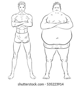 two different men, fat, skinny and muscular. Fitness studio training weight loss. Hand drawn doodle vector illustration.