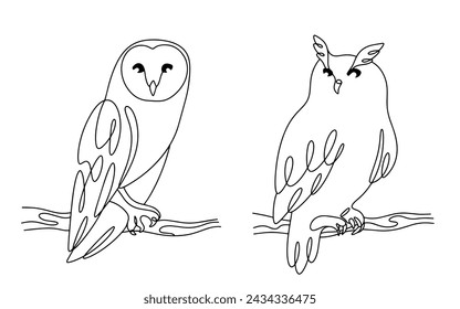 Two different owls are sitting on a tree branch. Birds of prey that live everywhere. Vector illustration. Images produced without the use of any form of AI software at any stage.