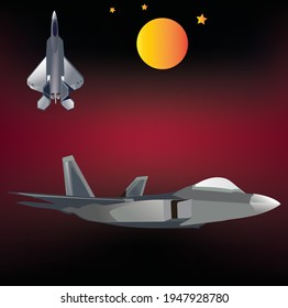 Zwei verschiedene Flugzeuge am Nachthimmel mit dem Mond.
