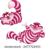 two different poses pink and purple cat lying