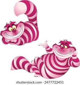 two different poses pink and purple cat lying