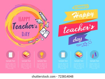 Two different posters dedicated to teachers day celebrated each year, circle and ribbons decoration vector illustration with columns for text