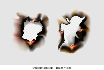 Two different realistic burnt scorched paper edges with copy space inside and flames or fire surrounding irregular holes, colored vector illustration