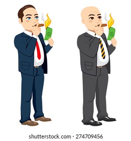 Two different rich businessman lighting cigar with dollar bill
