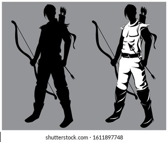 Two different silhouette style warrior man with bow isolated on grey background in vector illustration