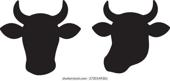 Duas silhuetas diferentes de cabeças de gado com chifres, ideais para logotipos de fazendas de laticínios, marcas de produção de carne ou ilustrações agrícolas.