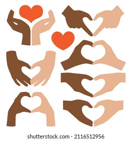 Two Different Skin Color Hands Showing Heart Gesture, Geometric Elements. All Lives Matter, Anti Racism, Peace, Equality Concept, Vector Illustration