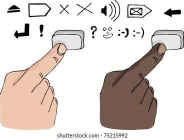 Two different skin-color fingers press a blank keyboard button