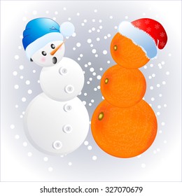 Two different snowmen in New Year's caps. Vector illustration.