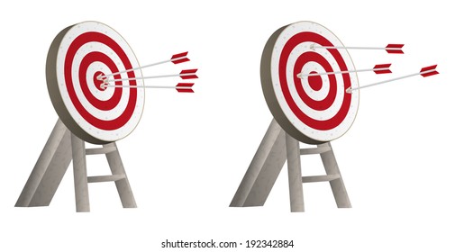 two different targets with arrows and wooden holder