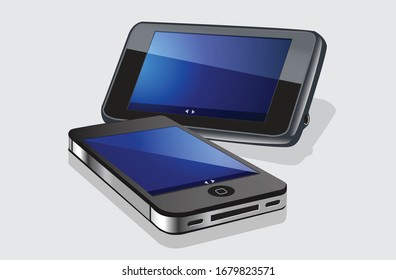 Dos tipos diferentes de ilustración de teléfono móvil en perspectiva sobre un fondo gris claro con sombra y colorida pantalla brillante. 