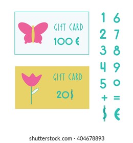 two different types of gift cards for shop of baby toys and dress.  numbers from 0-9, plus  and symbols of dollar and euro