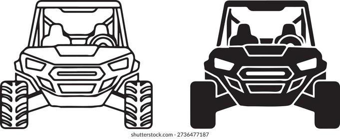 Two different types of off-road vehicles showcasing their front designs in a black and white illustration. isolated on white background, illustration