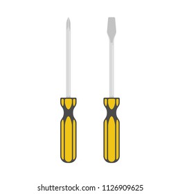 Two different types screwdriver in flat style. Set of yellow Screwdrivers with cross and flat heads isolated on white background. Construction, repair or hand tools concept. Manual wiring tool. EPS 10