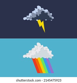 Two different weather conditions. The upper illustration is clouds with lightning during a thunderstorm, the lower illustration is clouds with a rainbow, the sky after rain.