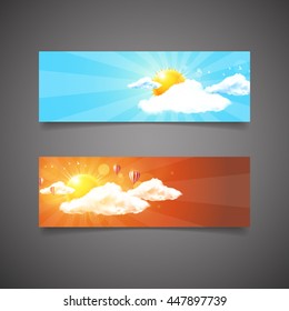 Two different web banner or header design. Sunset and sunrise with blue sky and clouds, Detailed vector illustration.