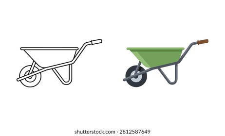 Two different wheelbarrow icons featuring a simple line art drawing and a colorful flat design icon set on white background