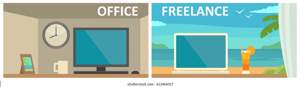 Two different workplace with a computer in office and on tropical resort. Vector color flat illustration. For info graphic, web, banner