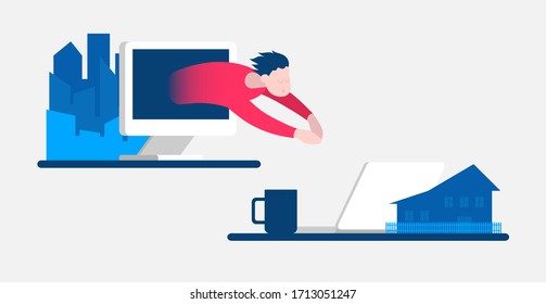 Two different workplace freelancer developer with a monitor, laptop and cup. House and office city. Vector color flat cartoon illustration. For online communication and virtual work meeting. Stay home