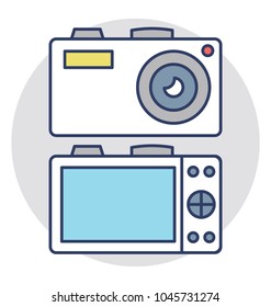 Two digital devices, retro flash camera and digital cam