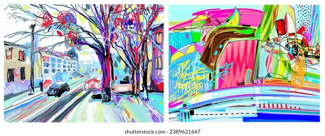 Two digital paintings. Original contemporary artwork, vector illustration.