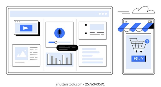 Two digital screens with graphs, charts and media elements like videos, a shopping cart and a buy button. Ideal for e-commerce, online shopping, digital marketing, website analytics and mobile apps