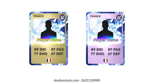 Two digital soccer player cards with silhouette and stats on iridescent abstract background. Gold and pink-purple template design. Sports game concept. Design for banner, card, poster, invitation.