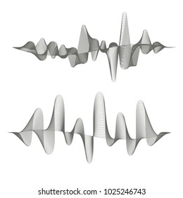 Two digital sound waves on white background. Audio equalizer. Musical pulse. Vector music wave. Monochrome illustration