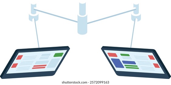 Two digital tablets displaying marketing data analysis are hanging from a central pole, representing a modern and connected approach to data visualization and business decision making