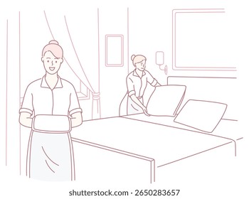 Two diligent housekeeping staff are tidying up a hotel room, arranging fresh bedding and soft pillows neatly