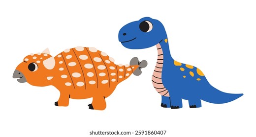 Two dinosaur cute characters colorful prints set. Lovely monsters vector illustration. Simple wild prehistoric animals childish design element doodle collection .