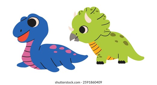 Two dinosaur cute characters colorful prints set. Lovely monsters vector illustration. Simple wild prehistoric animals childish design element doodle collection .