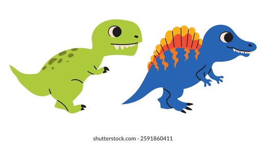 Two dinosaur cute characters colorful prints set. Lovely monsters vector illustration. Simple wild prehistoric animals childish design element doodle collection .