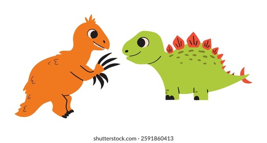 Two dinosaur cute characters colorful prints set. Lovely monsters vector illustration. Simple wild prehistoric animals childish design element doodle collection .