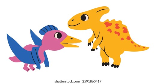 Two dinosaur cute characters colorful prints set. Lovely monsters vector illustration. Simple wild prehistoric animals childish design element doodle collection .