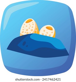 Two dinosaur eggs with spots in a nest on dark soil, cartoon style. Prehistoric life and dinosaur reproduction theme vector illustration.