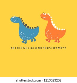 Two dinosaur friends go on adventures. Printing of children's cards, Souvenirs, children's fashion. Vector illustration