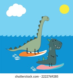 Two Dinosaur Friends Surfing Illustration