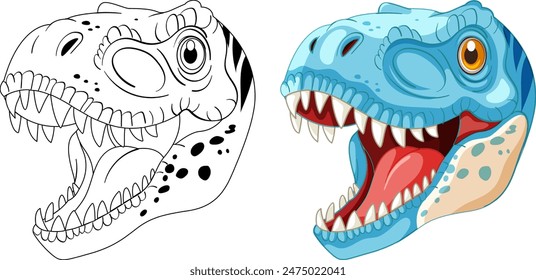 Two dinosaur heads, one colored, one black-and-white