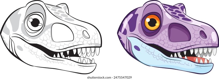 Two dinosaur heads, one colored, one black and white